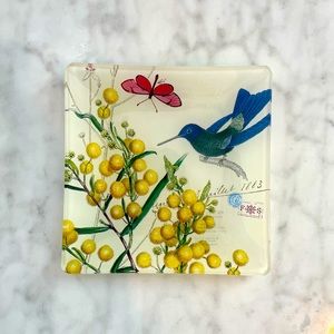 Glass dish with bird, butterfly, and floral motif - like new!